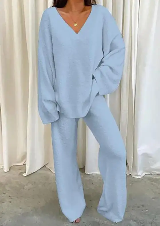 

Женский комплект из двух предметов, однотонный Повседневный Топ с V-образным вырезом и длинными рукавами и брюки, элегантный комплект для поездок, осень 2023