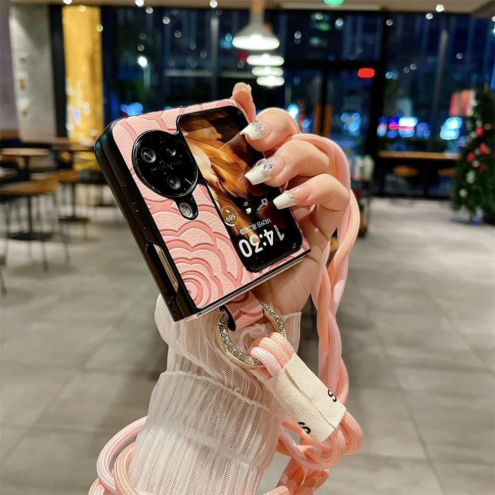 Camellia Diy Phone Case For OPPO Find N2 N3 Flip Long Lanyard Protective Shell Cover