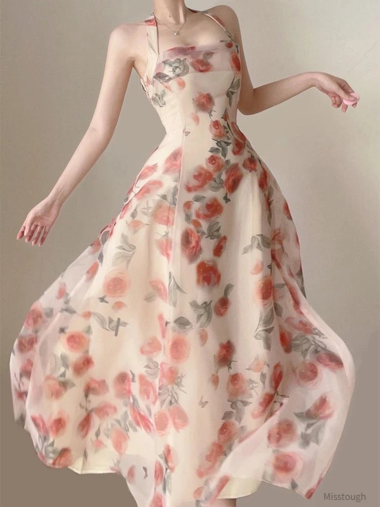 

Summer Sexy Floran Print Dress Women Sleeveless Beach Party Midi Dress Female Casual Korean Fashion Boho Print Sweet Dress 2023