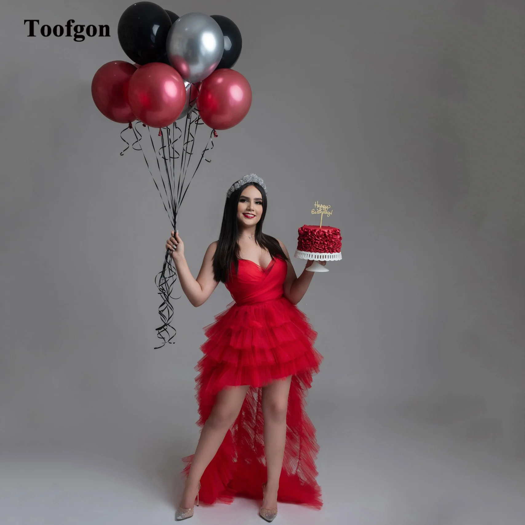 

Toofgon Red Short Front Long Back Prom Dresses Korea Lady Formal Evening Gowns Tiered Skirt Women Wedding Bridesmaid Dress