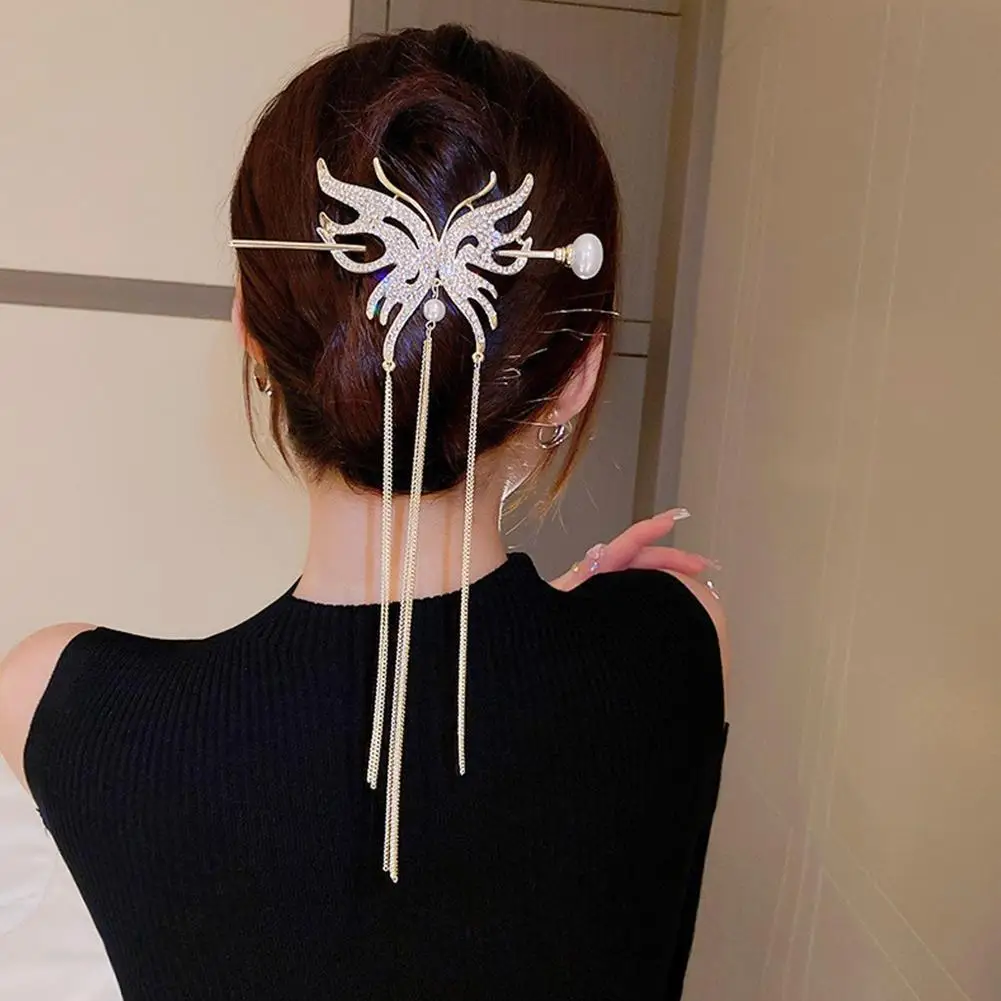 

Luxury Vintage Rhinestone Butterfly Metal Chain Tassel Hair Clips Chinese Style Ponytail Hairpins Elegant Girls Hair Accessories