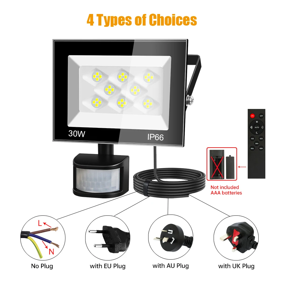 LED 투광등 PIR 모션 센서 플러그(유럽/호주/영국) AC220V 30W 60W 100W LED 스포트라이트 IP66 방수 야외 정원 가로등