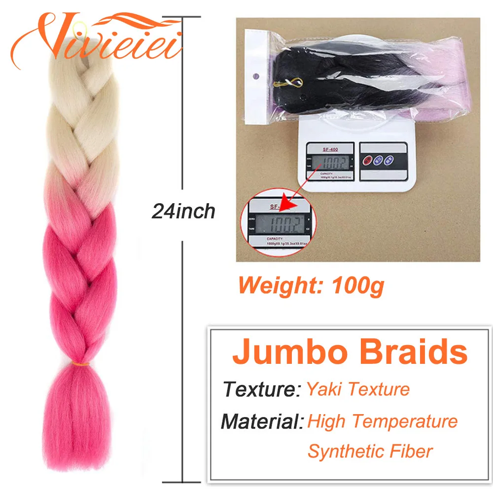 Vivieiei Synthetische Vlechten Haar 24 Inch Jumbo Vlecht Ombre Jumbo Haarverlenging Voor Vrouwen Diy Haar Vlechten Paars Roze Geel rood