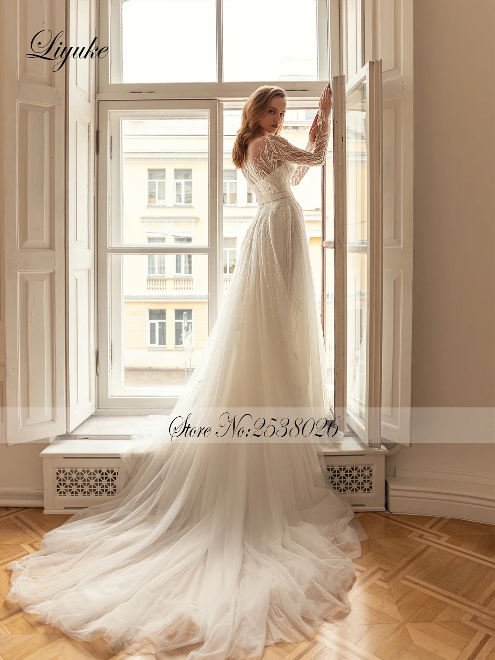 Liyuke Stunning A-Line Wedding Gowns Beading Embroidery Lace Full Sleeves Sliky Tulle Scoop Bridal Gowns 2