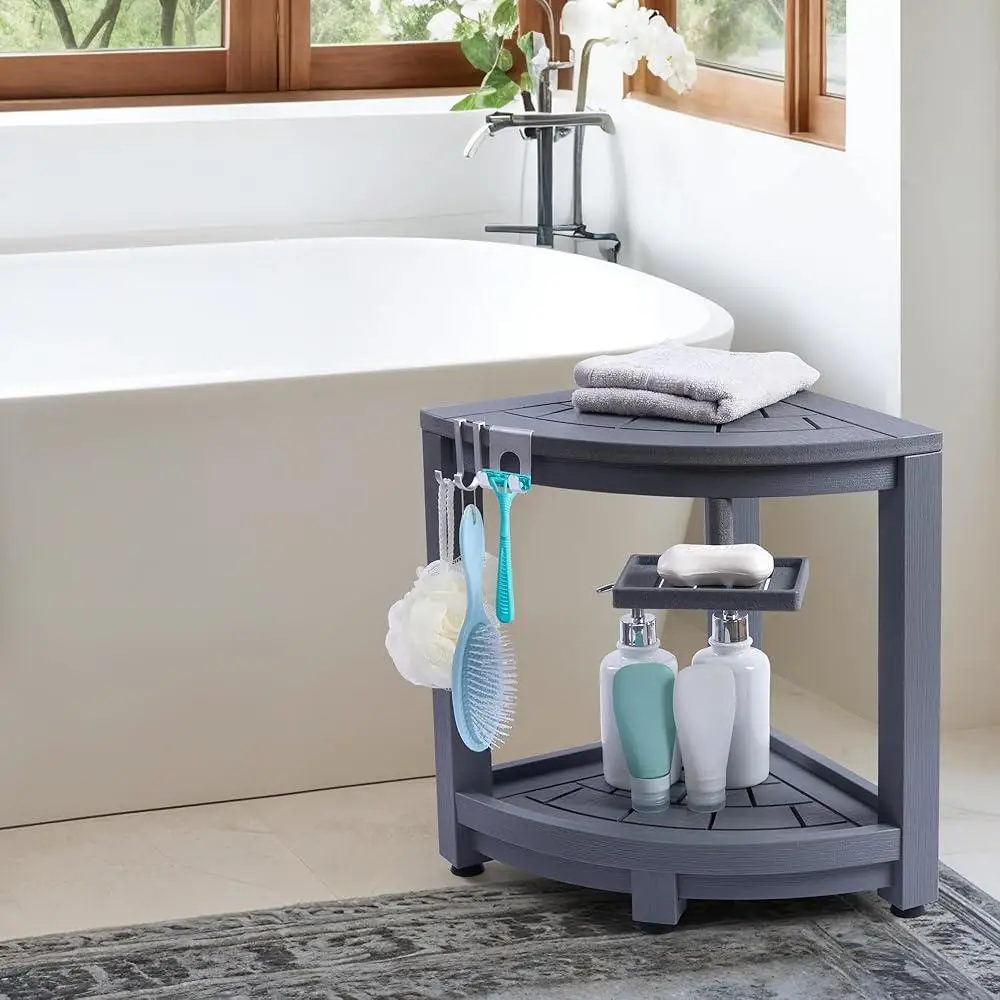 Corner Shower Stool Waterproof HDPS Shower Bench with 360 Soap Dish Razor Holder Anti-slip Feet Lower Storage Shelf Shower 3