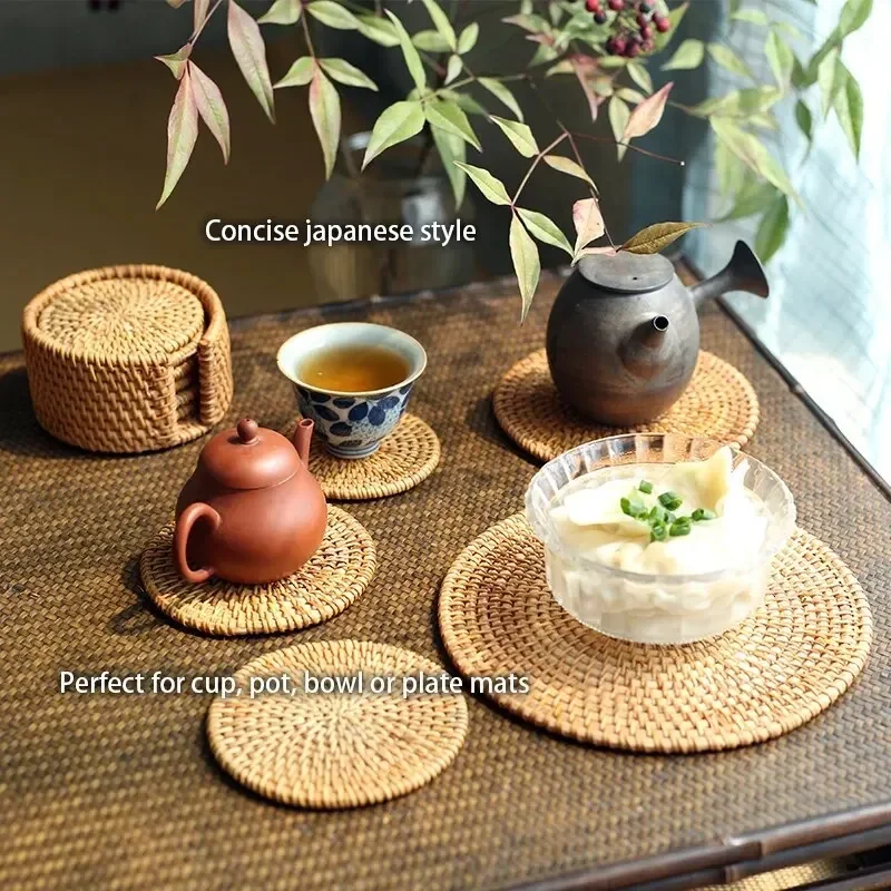 6Pcs Japan Style Sado Supplies Rattan Coasters Tableware Mats Handmade Tea Ceremony Tableware Set INS Style Desktop Decorations