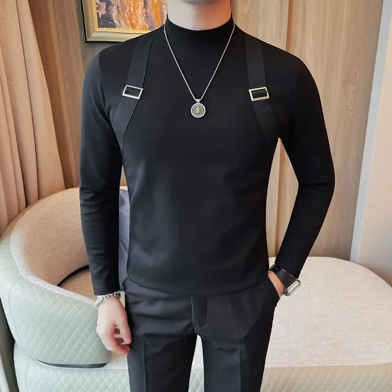 Fashion Straps Decor T Shirts For Men Korean Luxury Clothing Slim