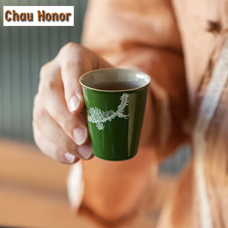 2pc/set Hand Painted Matsukaze Art Ceramic Tea Cup Japanese Emerald Glaze Small Boutique Single Master Cup Kung Fu Teaware 45ml