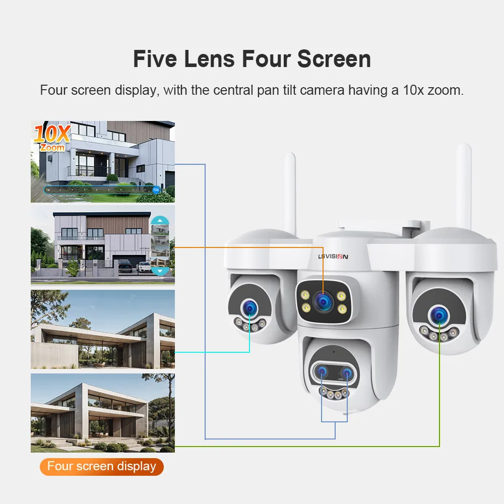LS VISION 20MP 10X Zoom Four Screens WiFi Security Camera Outdoor 5-Lens Three PTZ Auto Tracking CCTV Camera PC Client Supported 2