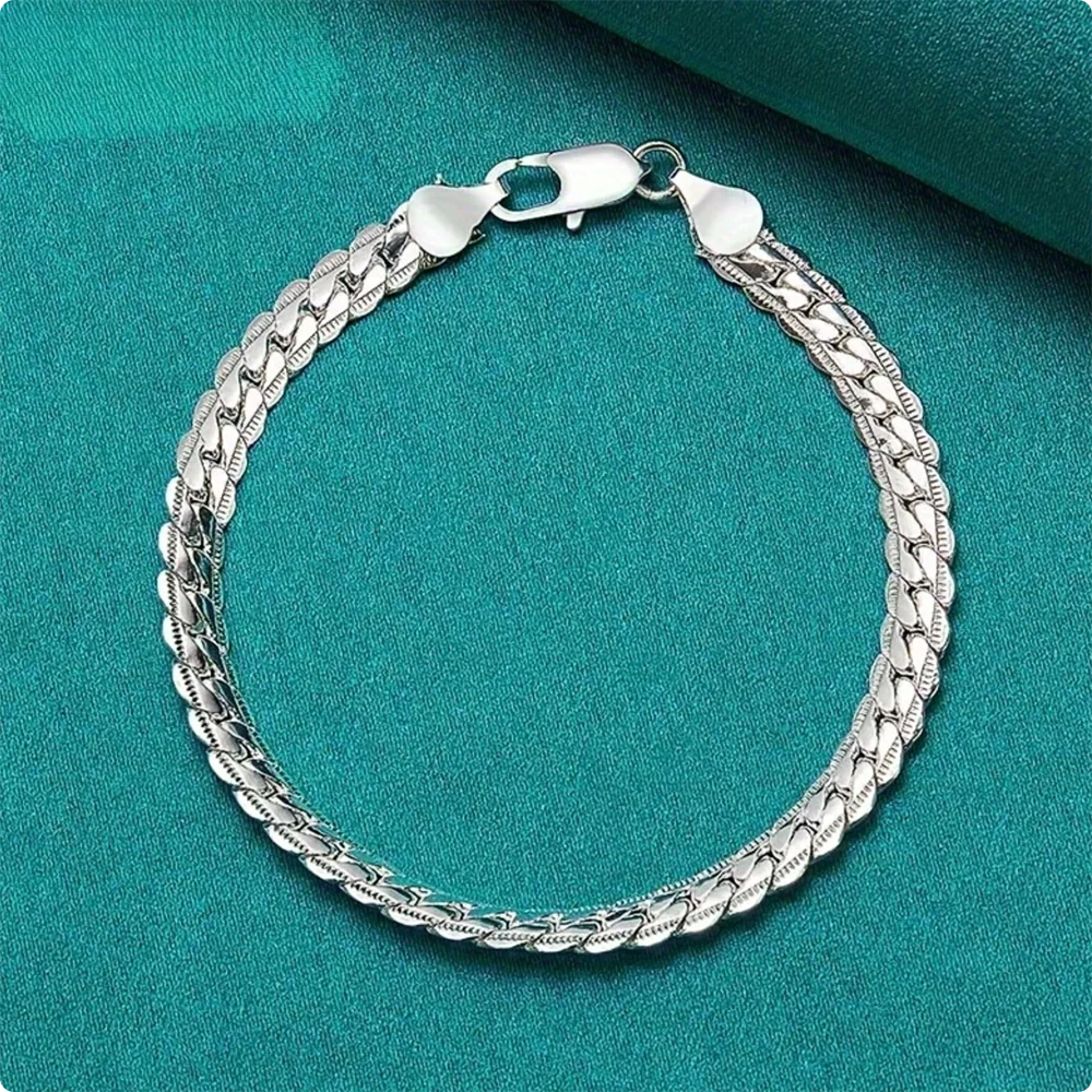 Elegant 925 Silver Flat Side Chain Bracelet with Lobster Clasp