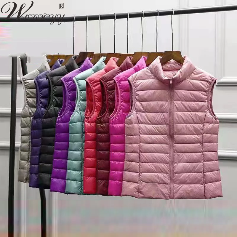 Ultra Light Duck Down Vest Women Solid Color Stand Collar Oversized Waistcoat Ladies Casual Sleeveless Basic Cropped Jakcet women quarter zip colorblock cropped sweater m light pink