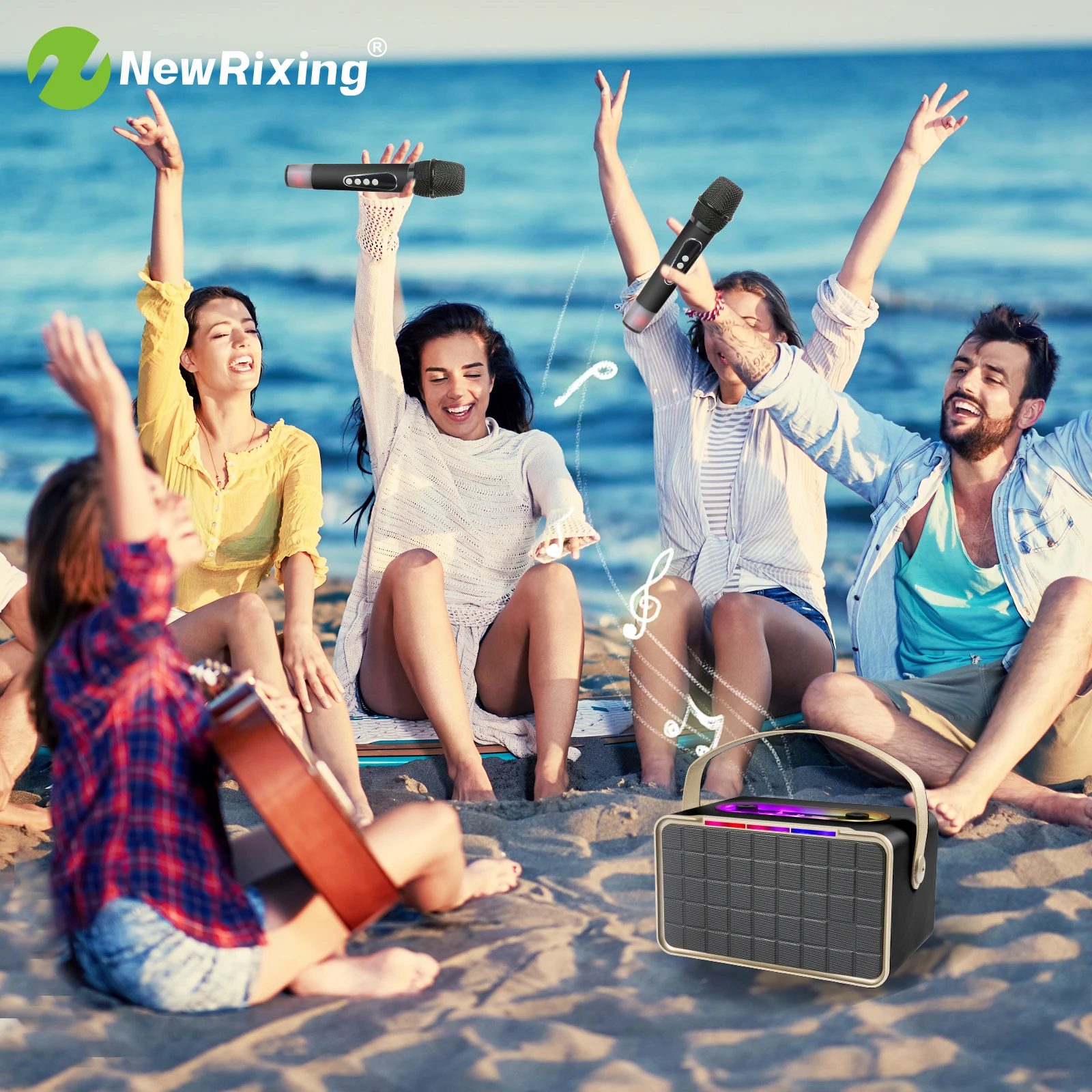 NewRixing Wireless Karaoke Machine with 2 mics,Portable wireless speaker with 2 mics,40W,RGB lights,Support BT/AUX/TF/USB
