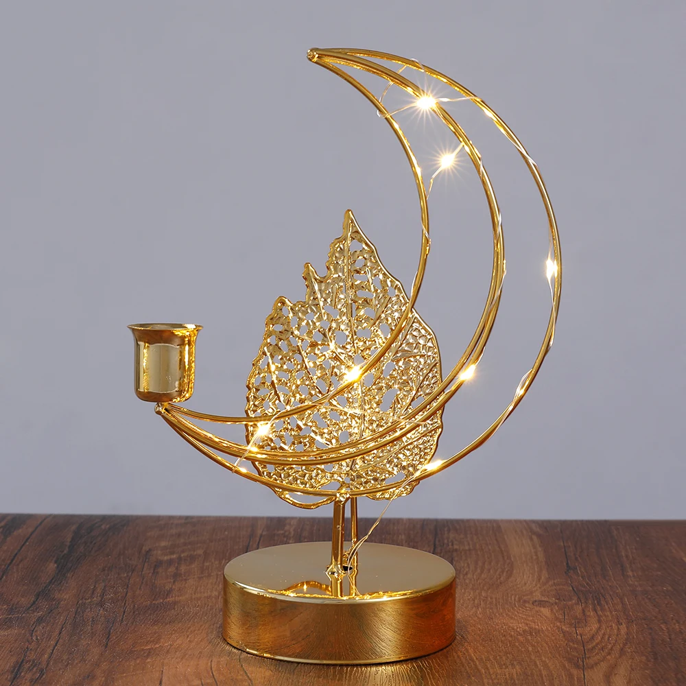 

Christmas Ornaments Golden Ramadan Festival Hollow Moon Leaf Palace EID Candlestick With Battery Glowing Holiday Decoration