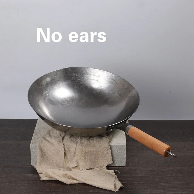 Mumisuto Wok Chinois Fabriqué à La Main, 28cm Poêle En Fonte Wok Chinois Grand Ventre, Avec Couvercle Et Manche En Bois, Poêle Antiadhésive, Sans Revêtement Pour Cuisinière À Gaz Et À Induction