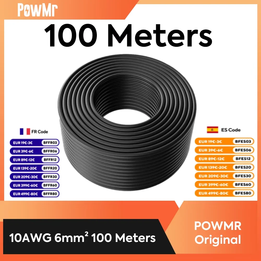 PowMr 100m Solar Cable 6 mm&sup2; Black Solar PV Cable IP68 Extension For System Photovoltaic System Panel DE USA Stock