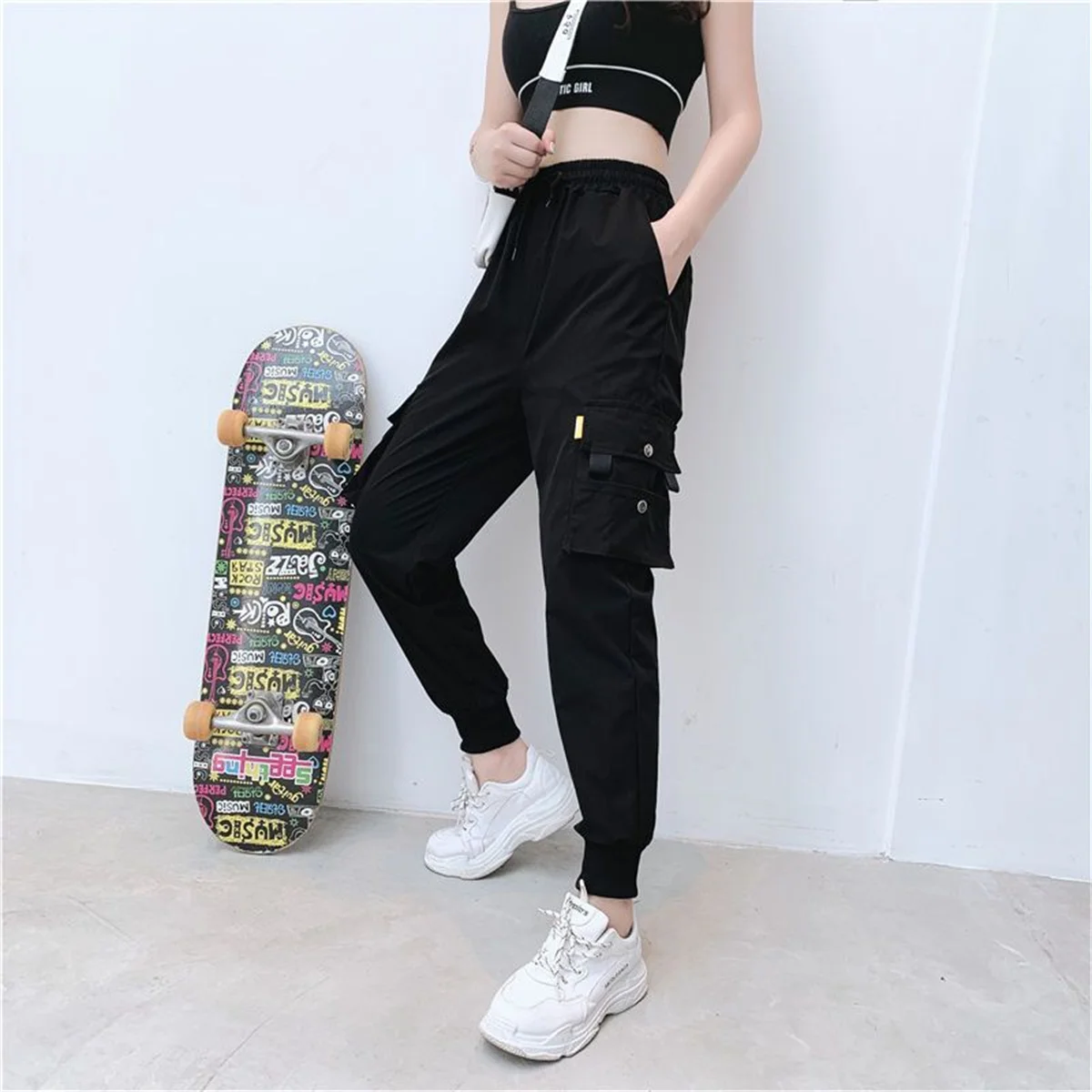 Black Cargo Pants Women Casual Joggers High Waist Loose Female Hip Hop Trousers Korean Punk Pants Funny Capri Streetwear Femme