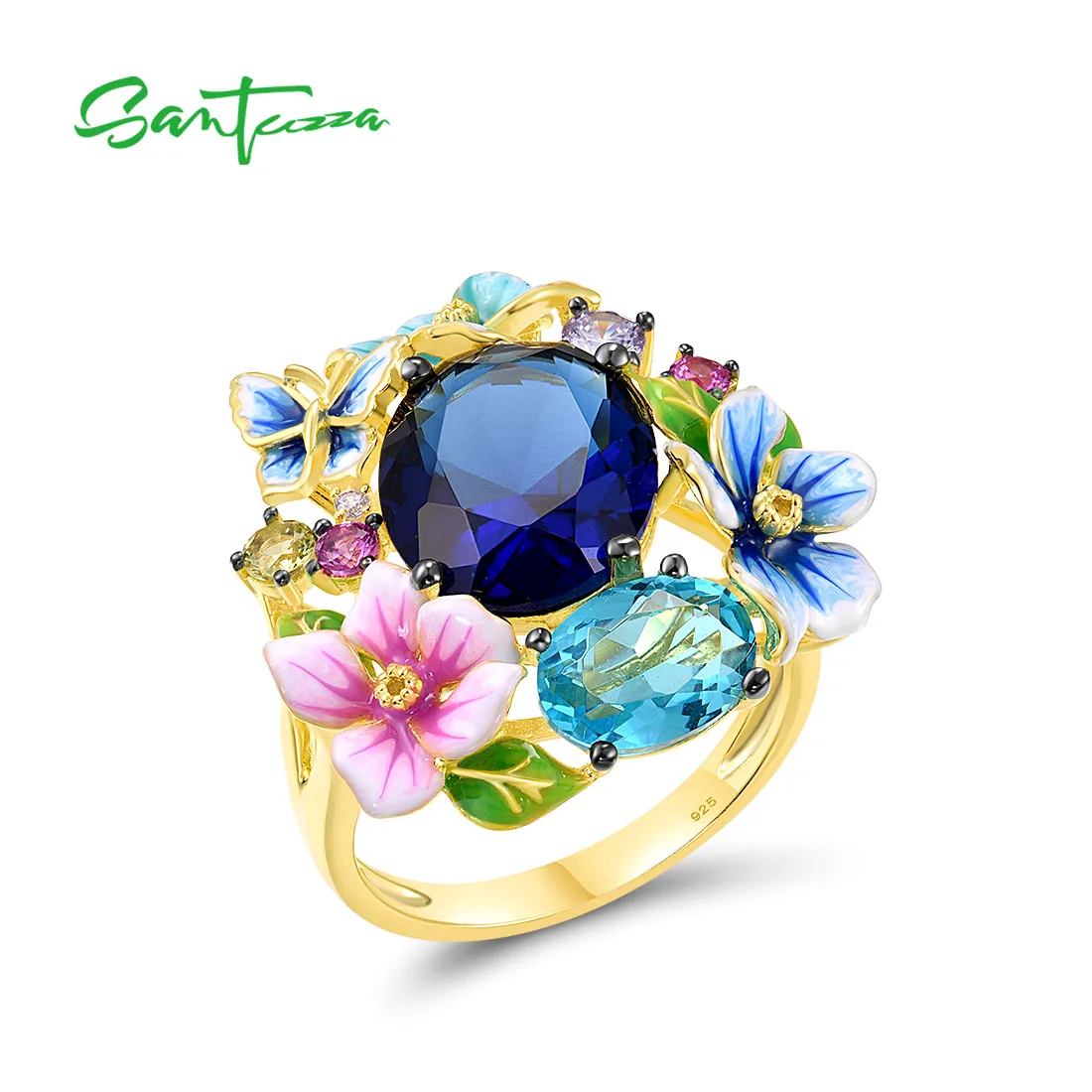 

SANTUZZA Authentic 925 Sterling Silver Rings For Women Colorful Enamel Flower Blue Stone Ring Gorgeous Fashion Fine Jewelry