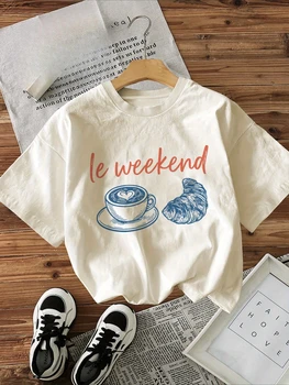 Women's "Le Weekend" Graphic T-Shirt Short Sleeve Crew Neck Casual Top Coffee Croissant Print with Orange Lettering Printed Tee 1