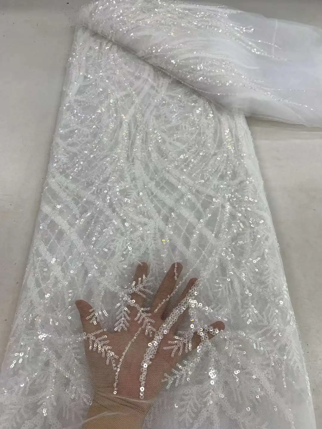 

White African Luxury Beaded Tulle Lace Fabric 2024 Nigerian Handmade Heavy Sequins Pearls Lace Fabric Fro Bridal Wedding Dresses