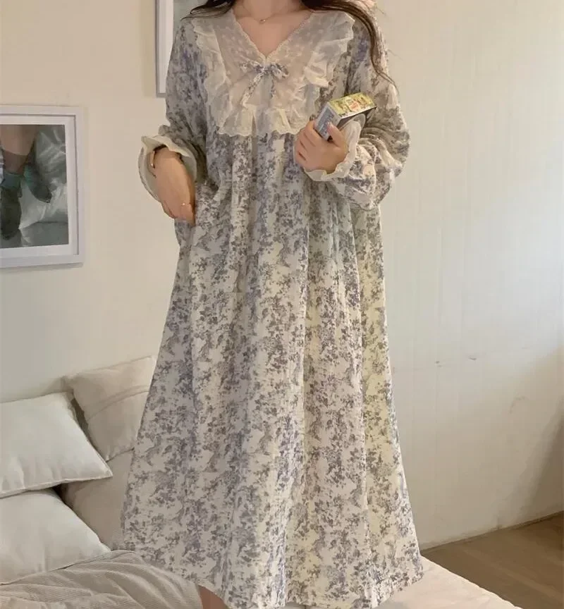 

Women Gauze Princess Home Sleeve Print Sleepdress Floral Ruffle Nightdress Cotton Autumn Lace Spring Nightgown Neck Long