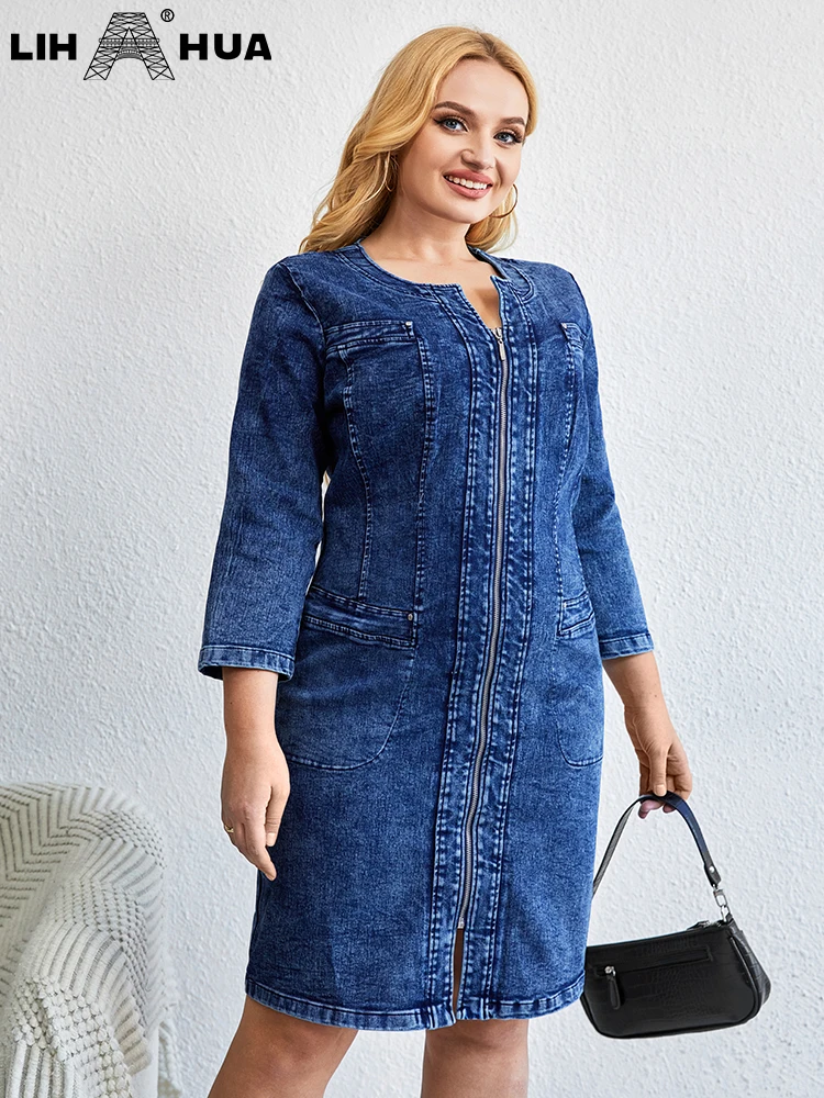 LIH HUA Women's Plus Size Denim Dress Autumn