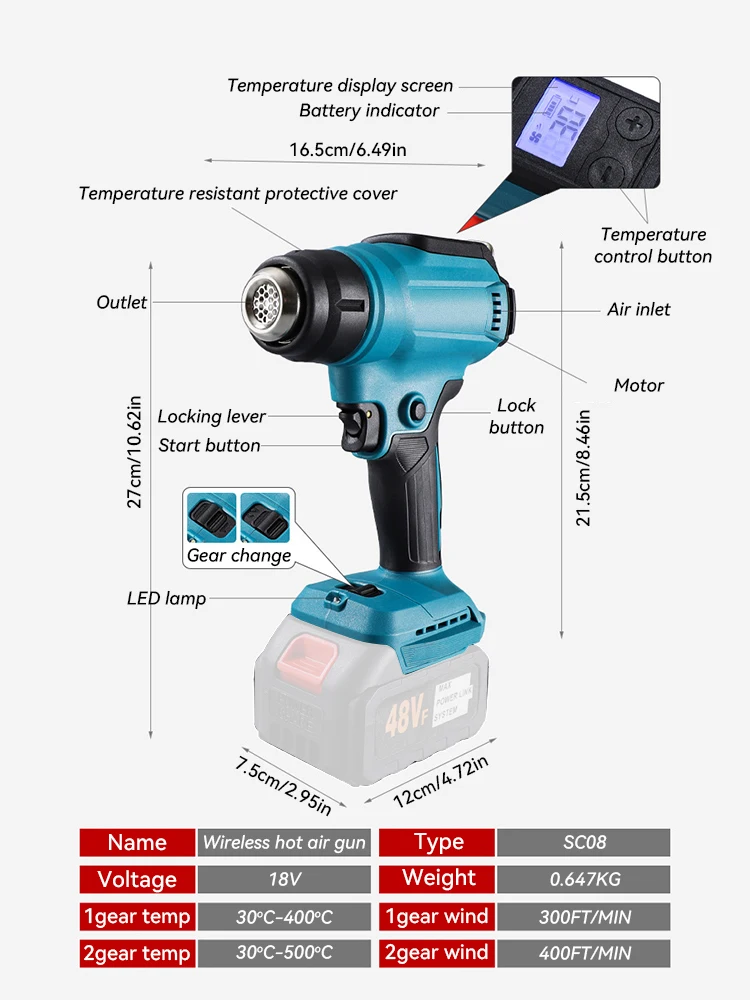 18V Heat Gun Shrink Wrapping Tool Hot Air Gun Air Dryer Soldering Thermal Blower with LED display, Tool only, No battery 2