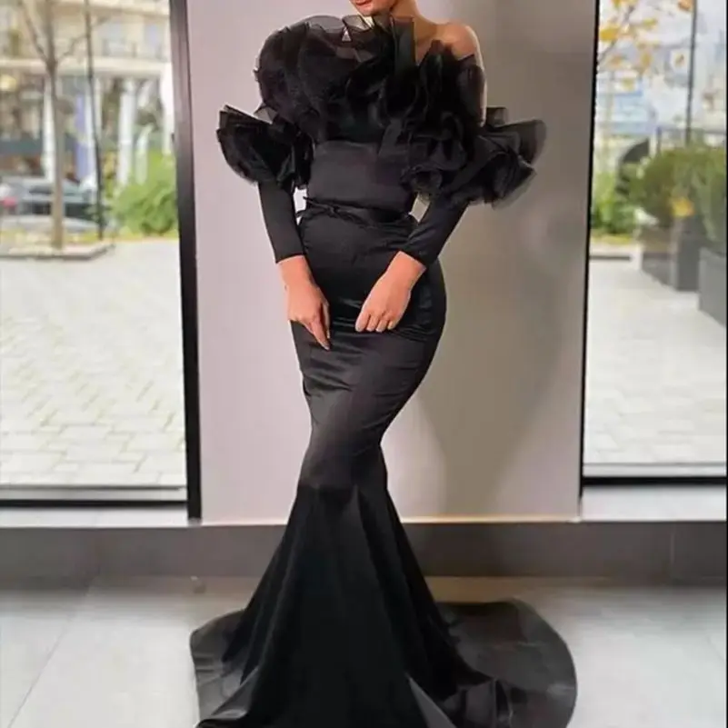 

Off Shoulder Mermaid Evening Dresses Long Sleeve вечернее пла فساتين السهرة Black Party Dress Robes de soirée with Train