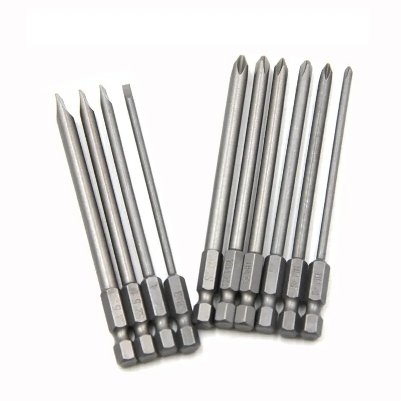 Les 10 embouts de tournevis hexagonaux 100mm disposés en éventail, montrant leurs différentes formes.