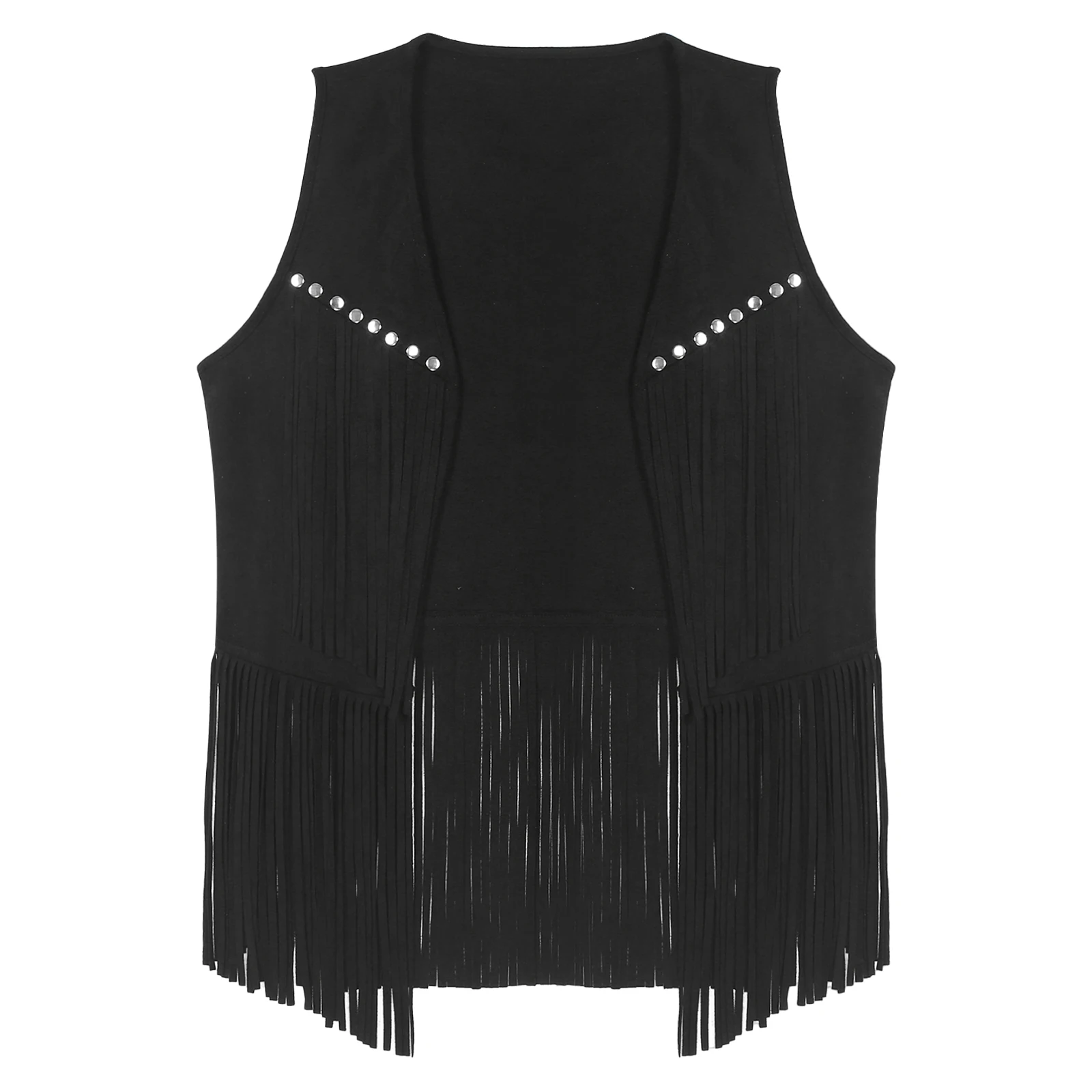Mens Faux Suede Tassel Vest Western Cowboy Vest Fashion Rivets Fringe Waistcoat Open Front Sleeveless Jacket 4