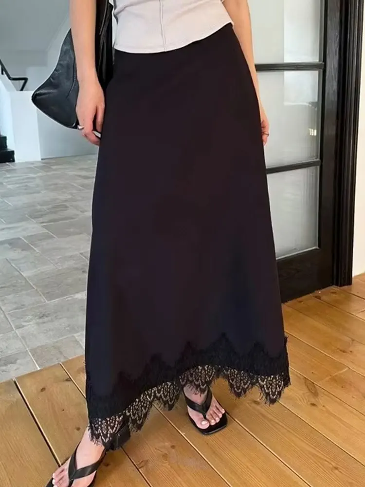 HH Women Elegant Fashion Lace Hem Skirt Luxury Satin High Waist Straight Midi Skirt Woman Evening Party Dinner Skirts Mujer