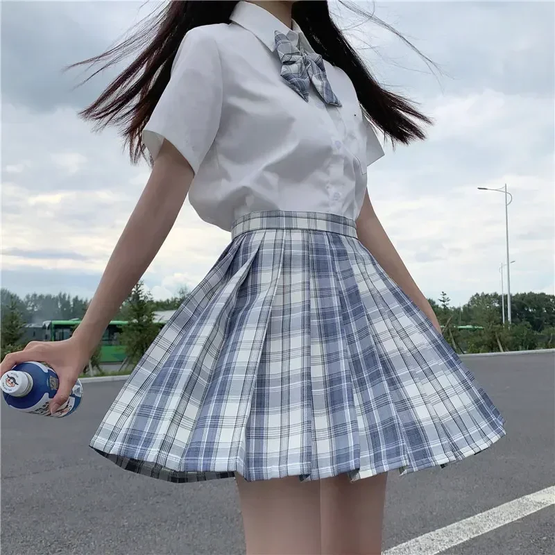Japanese School Uniform Shirt Plaid Skirt Set Korean School JK Short Sleeve Pleated Skirt Set Girl Seifuku