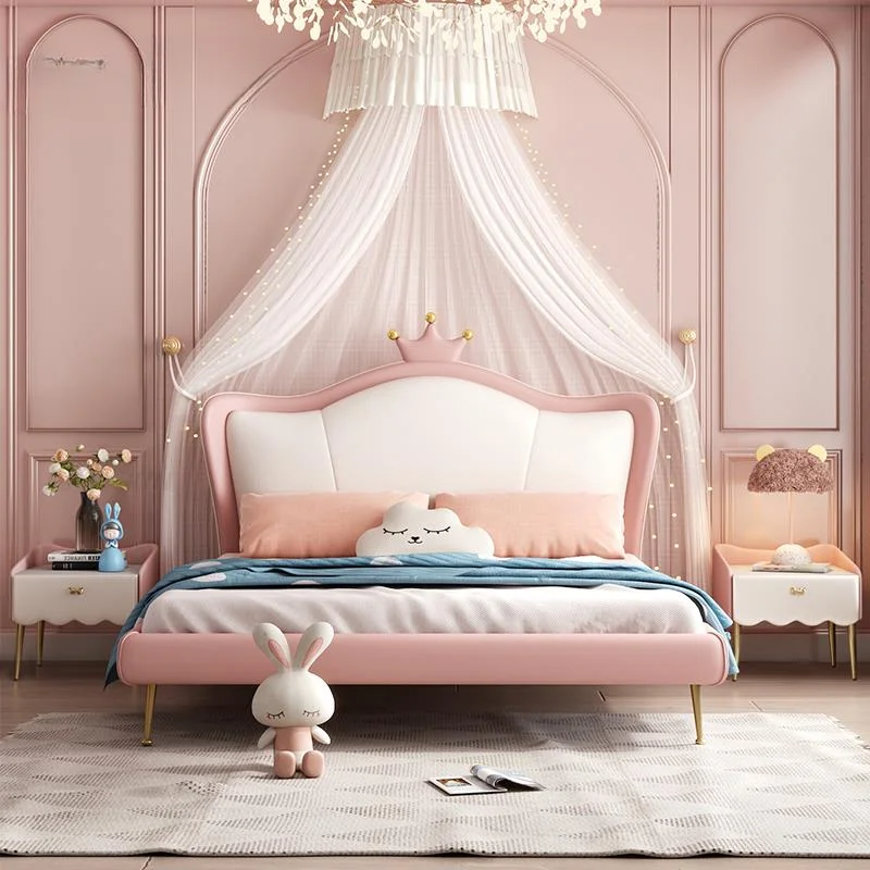 

Crown Pink Princess Children Beds Light Luxury Leather Modern Girl Children Beds Net Red Camas Dormitorio Bedroom Furniture