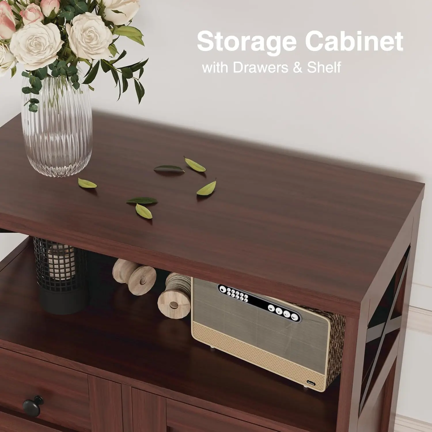 Dark Brown Storage Cabinet with Drawers and Shelves, Standing Kitchen Pantry Cabinet, Floor Storage Cabinet Hutch Cupboard, 6