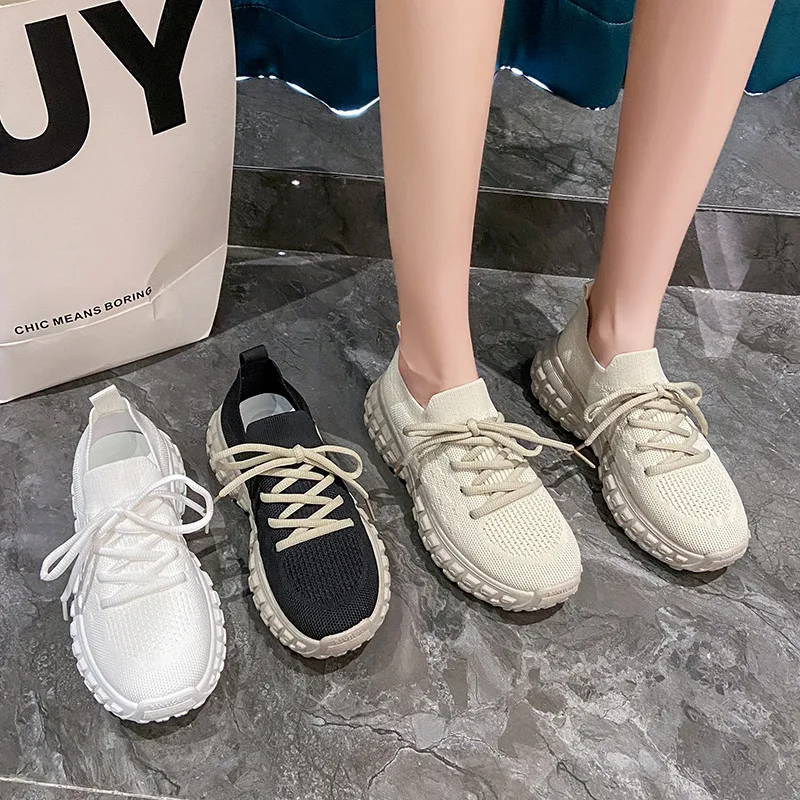 Fashion Low Top Elastic Socks Shoes Women Casual Sports Shoes Women Flat Bottomed Short Boots Knitted Breathable Platform Shoes