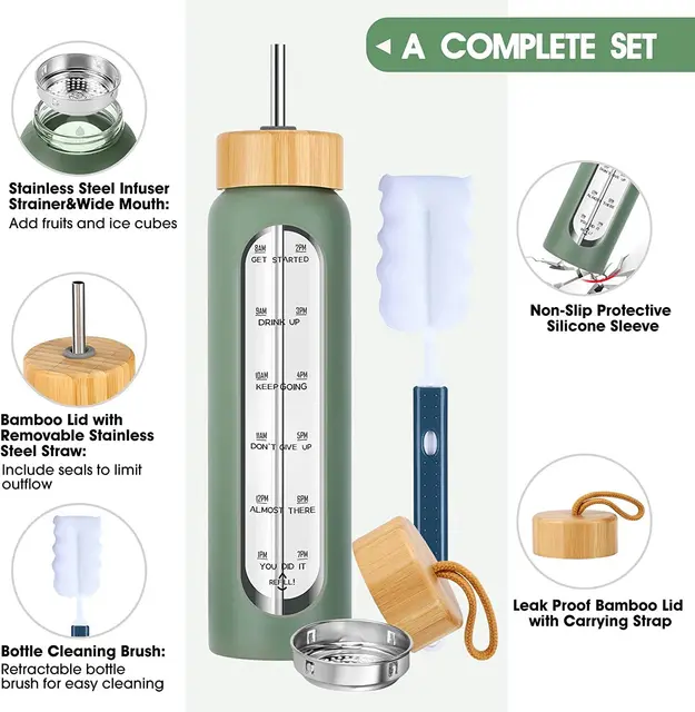 1000ML Glass Water Bottles With Straw, Glass Bottle With Silicone Sleeve And Time Marker, For Gym Home Office 5