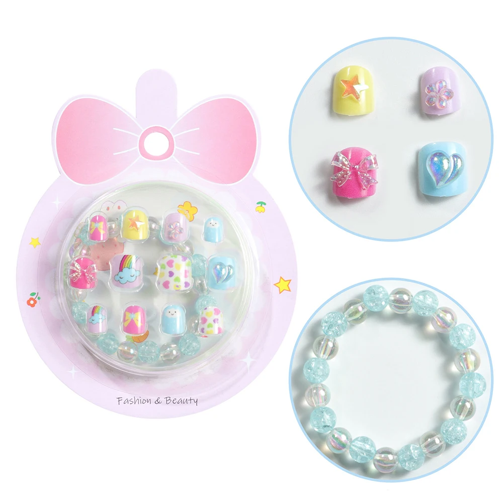 

Детские накладные ногти с браслетом, накладные ногти с милым рисунком и клейкими вкладками для девочек, маникюрный салон, сделай сам