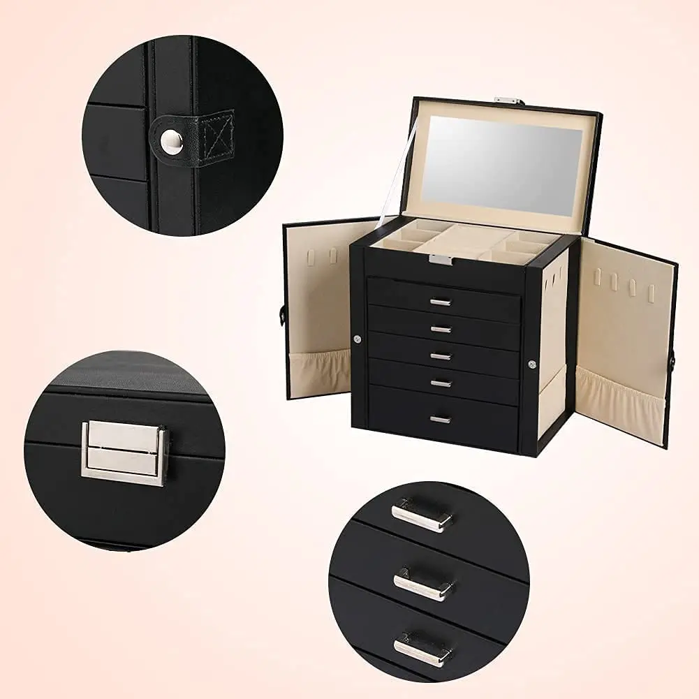 Large Jewelry Box,6-Tier PU Leather Jewelry Organizer with Lock,Multi-functional Storage Case with Mirror,Accessories Holder wit