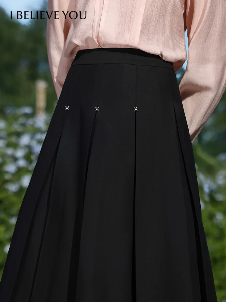 I BELIEVE YOU Black High-waisted Pleated Skirts For Women 2024