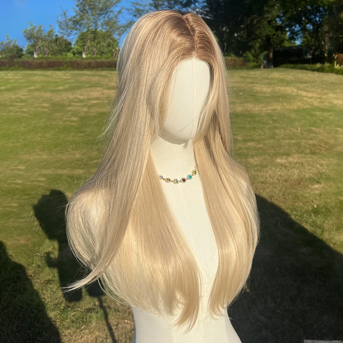 26inch Long Straight Synthetic Natural Golden Lolita Wig With Bangs Girl Cute Blonde Cosplay Party Halloween Ladies Wig