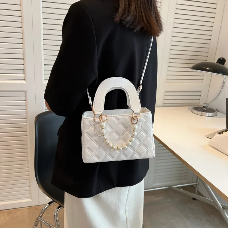 Women's 2023 Trend Leather Chain Shoulder Crossbody Bag with Pearl Handle Portable Chocolate Grid Solid Color Small_voghion.com