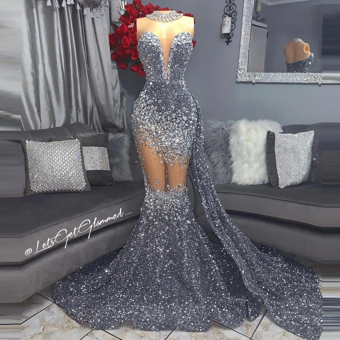Sparkling Beaded Mermaid Prom Dress Crystals See Thru Long Over Skirt Abiti Da Sera Per Black Girls 2 K23 Prom Party Dress