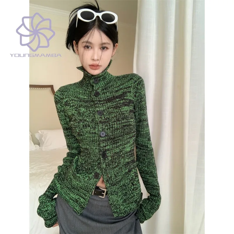 

High Necked Knitted Sweater Women Spring Autumn New High Street Slim Fit Retro Cardigan Vintage Tops