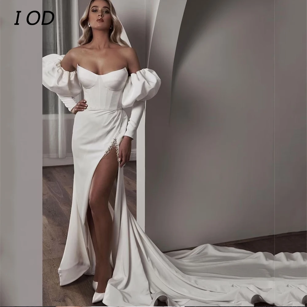 

I OD Simple Pearls Wedding Dress Strapless Long Sleeves Backless Pleat Bridal Gown Button Floor Length Vestidos De Novia New