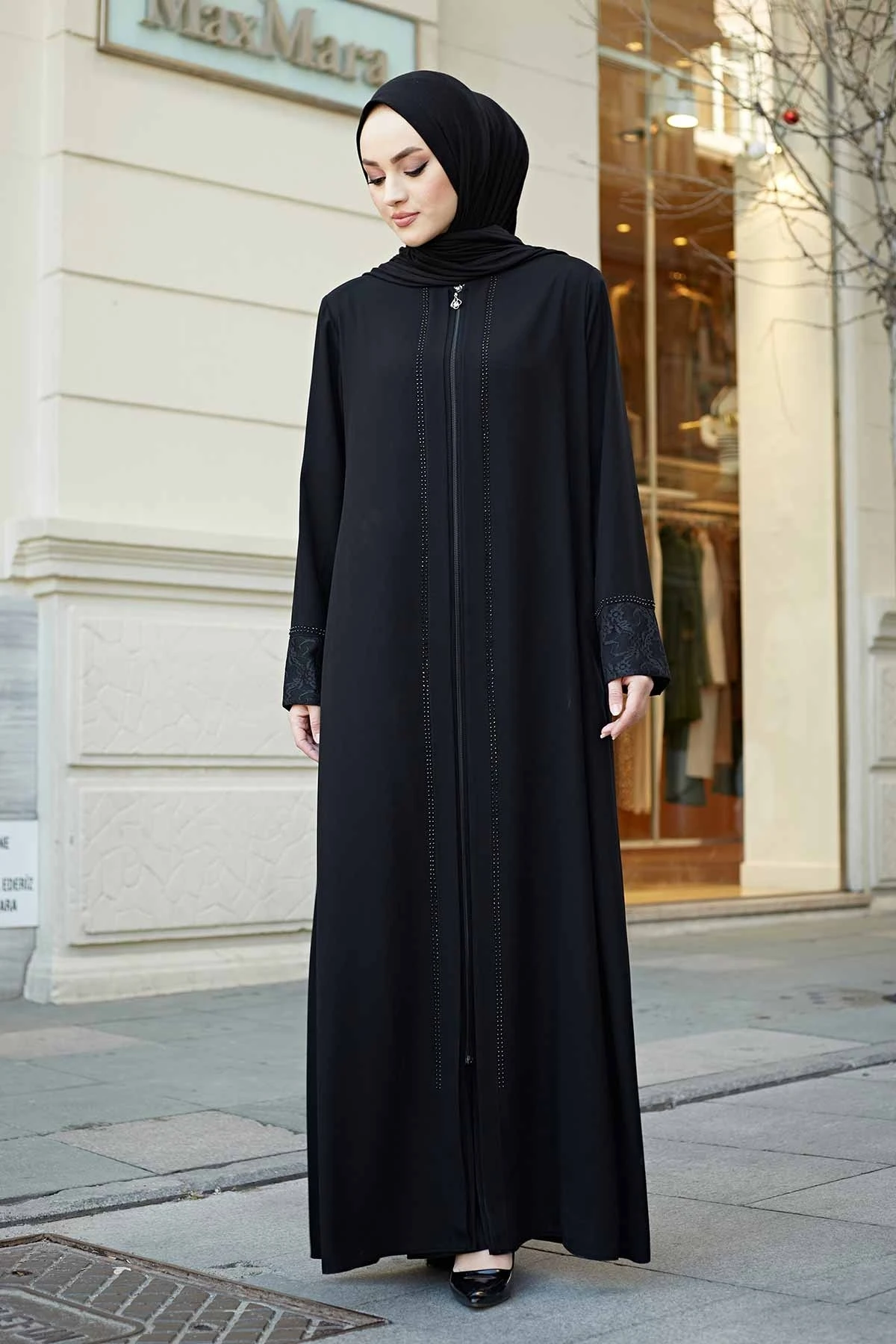 Lace Detail Ferace OC-Black