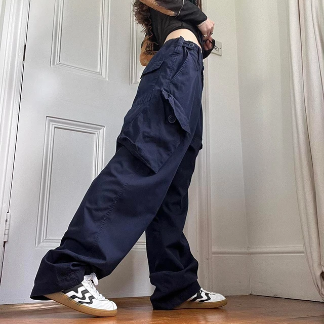 Blue Cargo Pants Parachute Button Fly Pockets High Waist Loose Amercan  Retro Women Streetwear - AliExpress