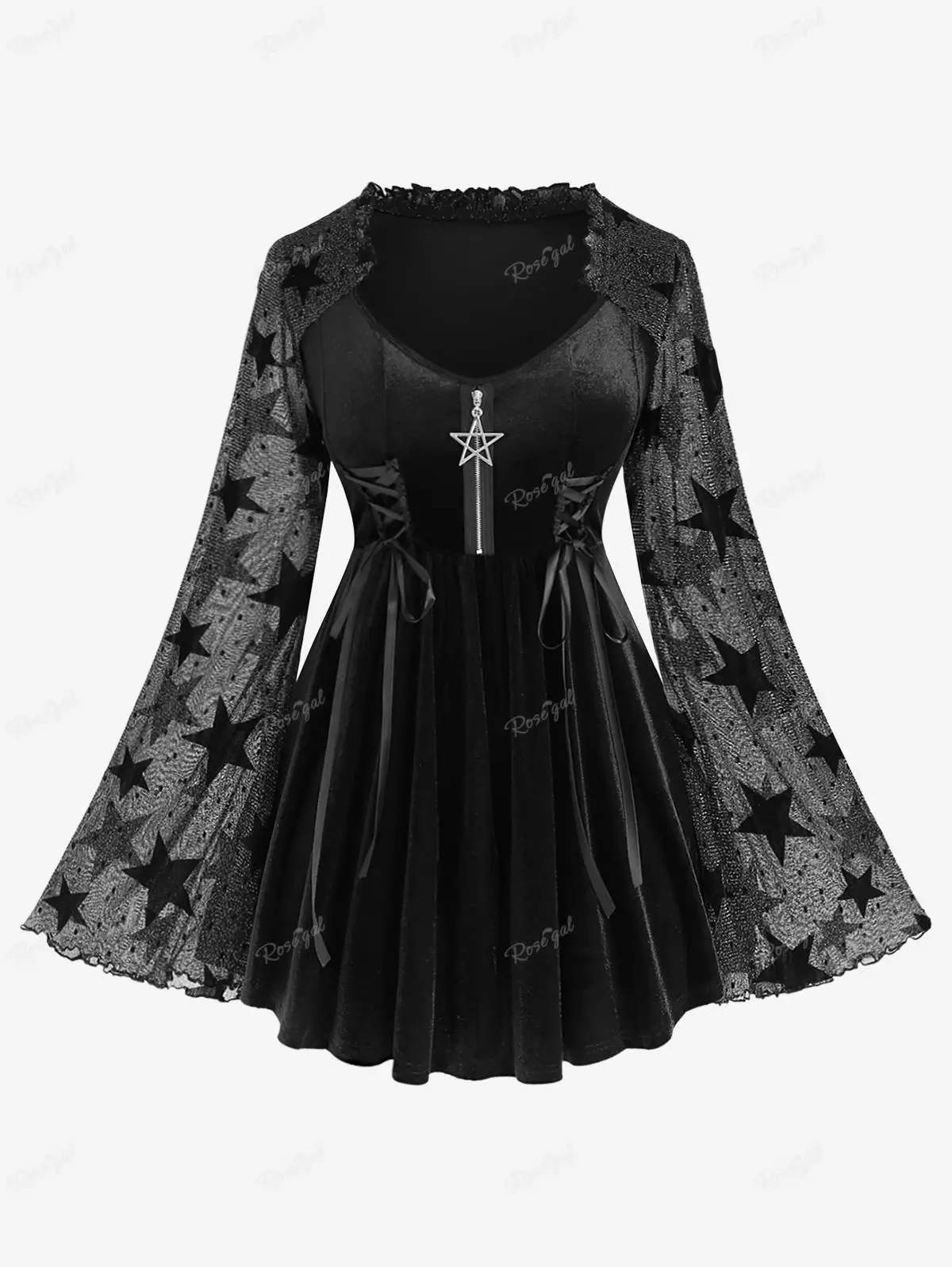 

ROSEGAL Plus Size T-shirt Women's Long Sleeves Half Zipper Lace Up Ruched Pentagram Printed Tops Black Velvet Patchwork Tees