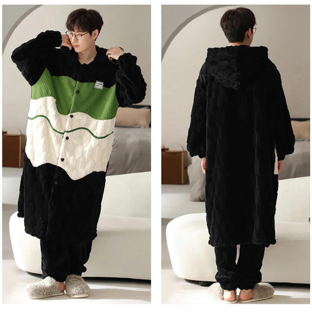Fashion Hooded Men's Winter Flannel Pajamas Set Thicken Lengthen Warm Winter Couple Windproof Sleepwear Soft Pajama for Sleeping