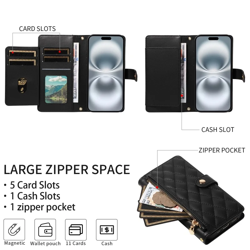 Elegant Leather Zipper Flip Phone Case with Long Lanyard and Wrist Strap Wallet