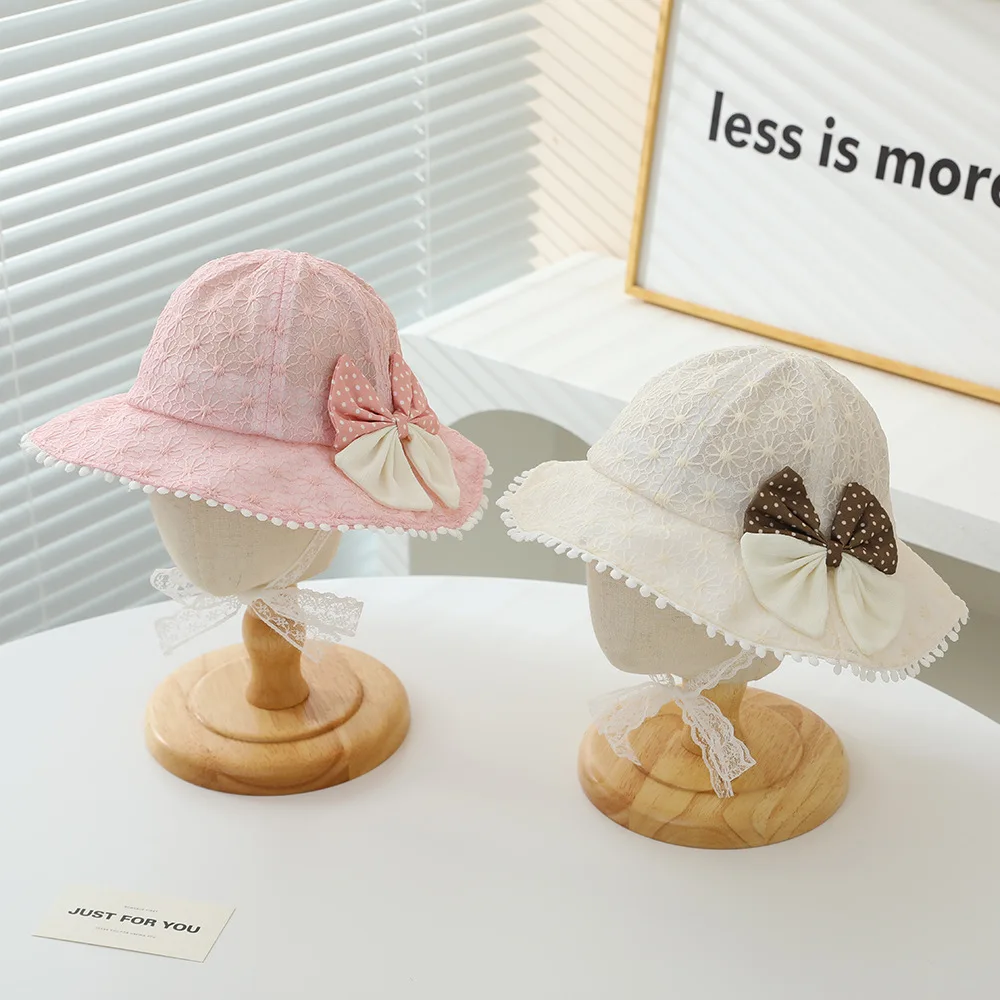 New Spring Summer Girls Fisherman Hat Patchwork Bows Flowers Lace Hat Big Brim Bucket Girls Princess Breathable