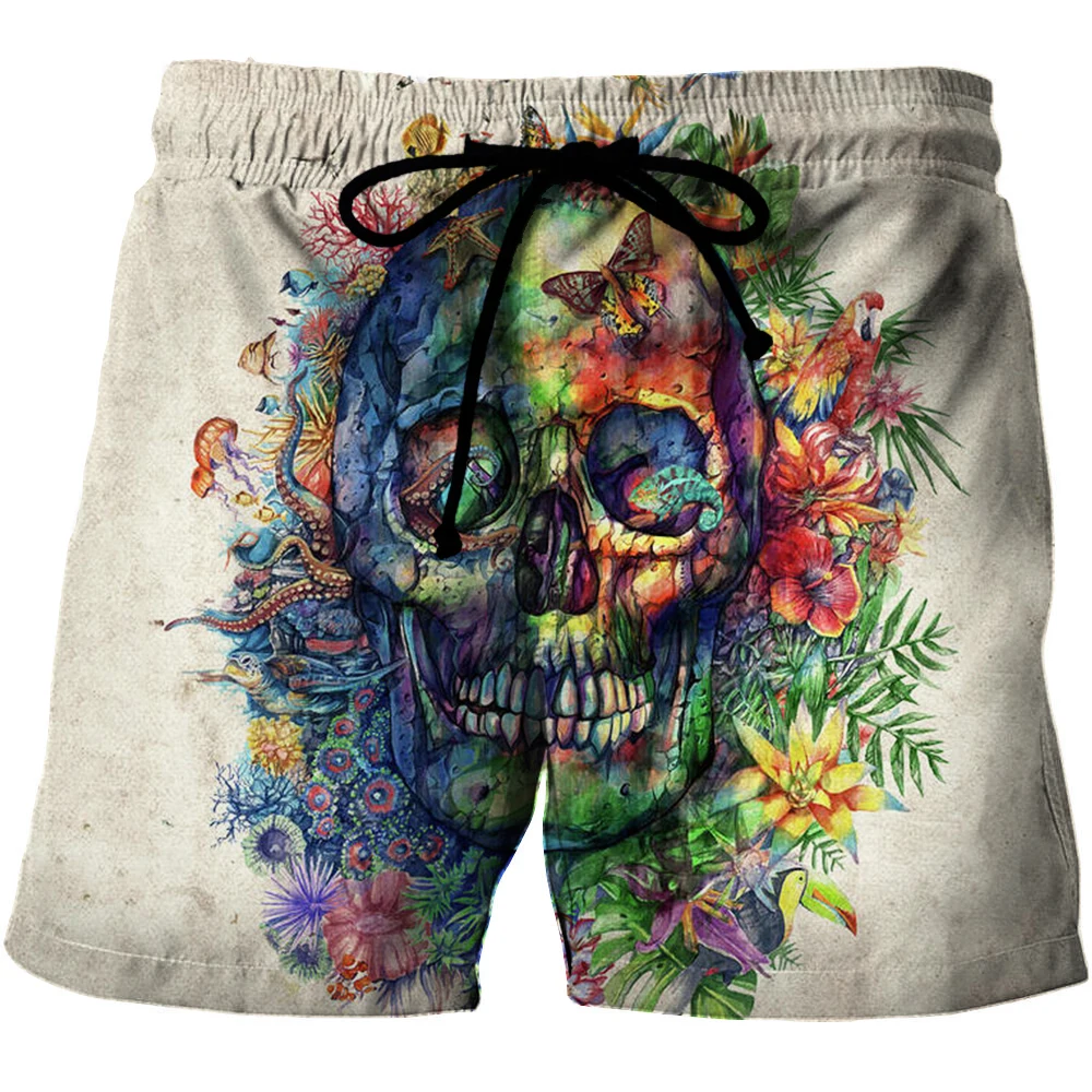 

Flower Skull Graphic Beach Shorts For Men 3D Rainbow Pattern Scull Boardshorts Men/Women Hip Hop Skeleton Short Pants